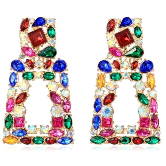 Yellow Gold with Multicolored Crystal Geometric Rectangle Post Back Earrings - Picture 1 of 7